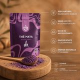 Poudre UBE Thé Maya sur cuillère en bois — 100 % naturel, sans additifs