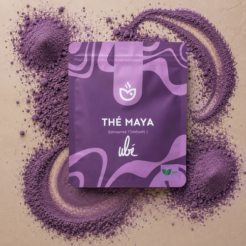 Sachet UBE Thé Maya sur un lit de poudre d'igname violette
